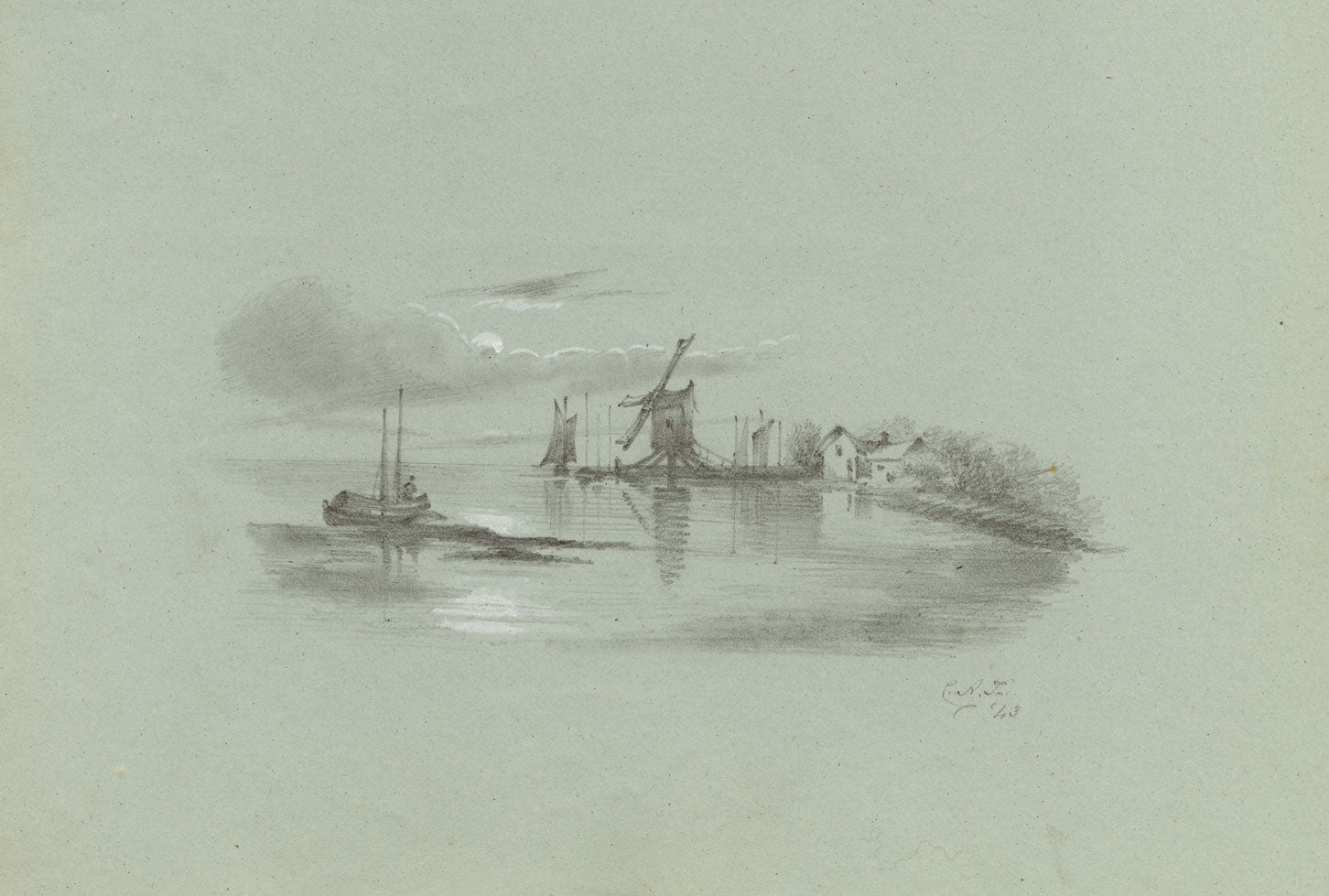 C.A.F., Coastal View with Windmill, Norfolk – Original 1843 graphite drawing