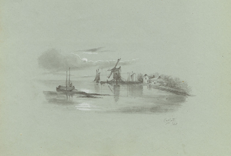 C.A.F., Coastal View with Windmill, Norfolk – Original 1843 graphite drawing