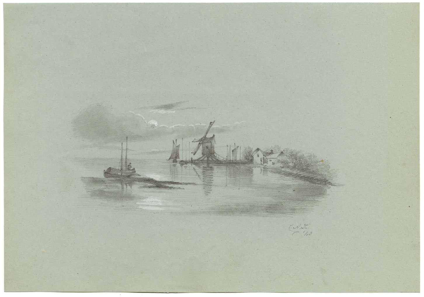 C.A.F., Coastal View with Windmill, Norfolk – Original 1843 graphite drawing