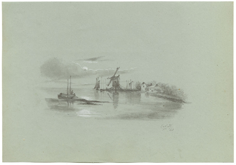 C.A.F., Coastal View with Windmill, Norfolk – Original 1843 graphite drawing