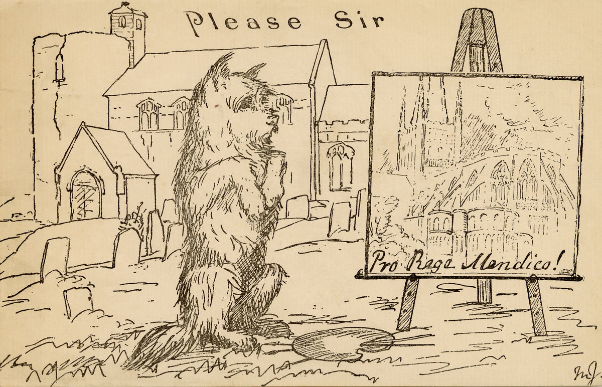 M.F., Begging Dog 'Pro Rege Mendico' – Original late 19th-century wood engraving