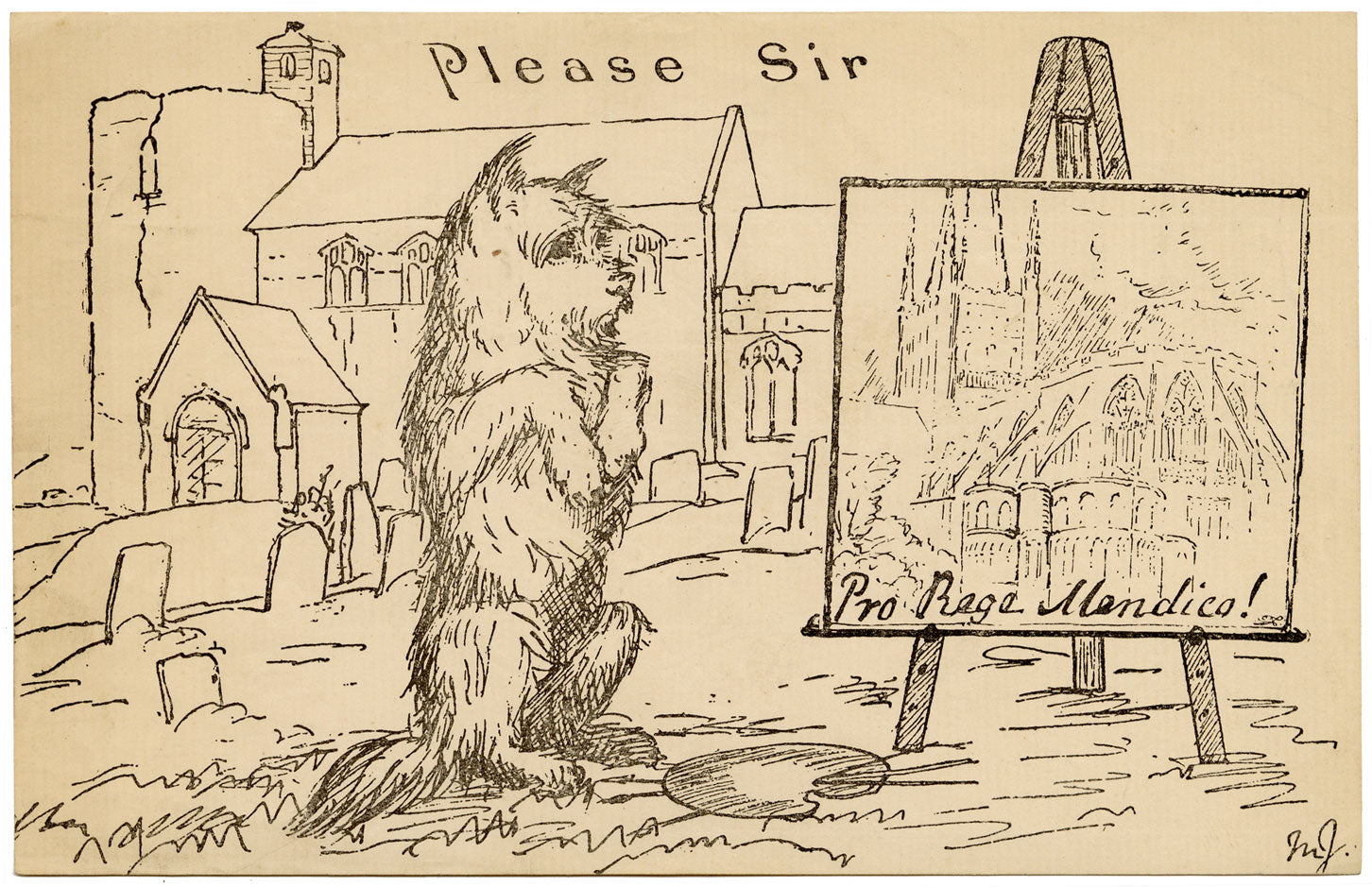 M.F., Begging Dog 'Pro Rege Mendico' – Original late 19th-century wood engraving