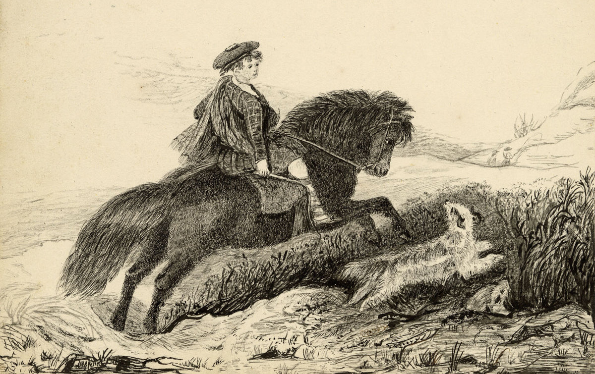 Lord Cosmo George Russell & His Pony Fingall –mid-19th-century pen & ink drawing