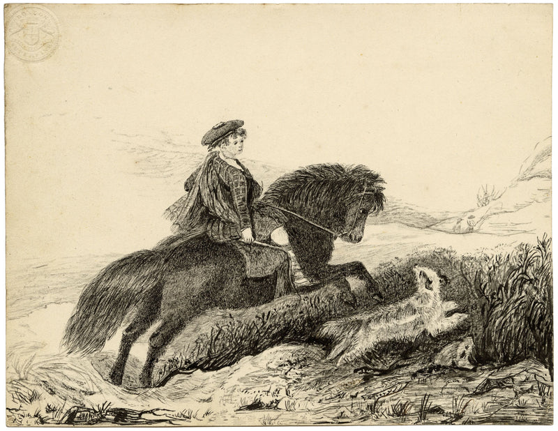 Lord Cosmo George Russell & His Pony Fingall –mid-19th-century pen & ink drawing