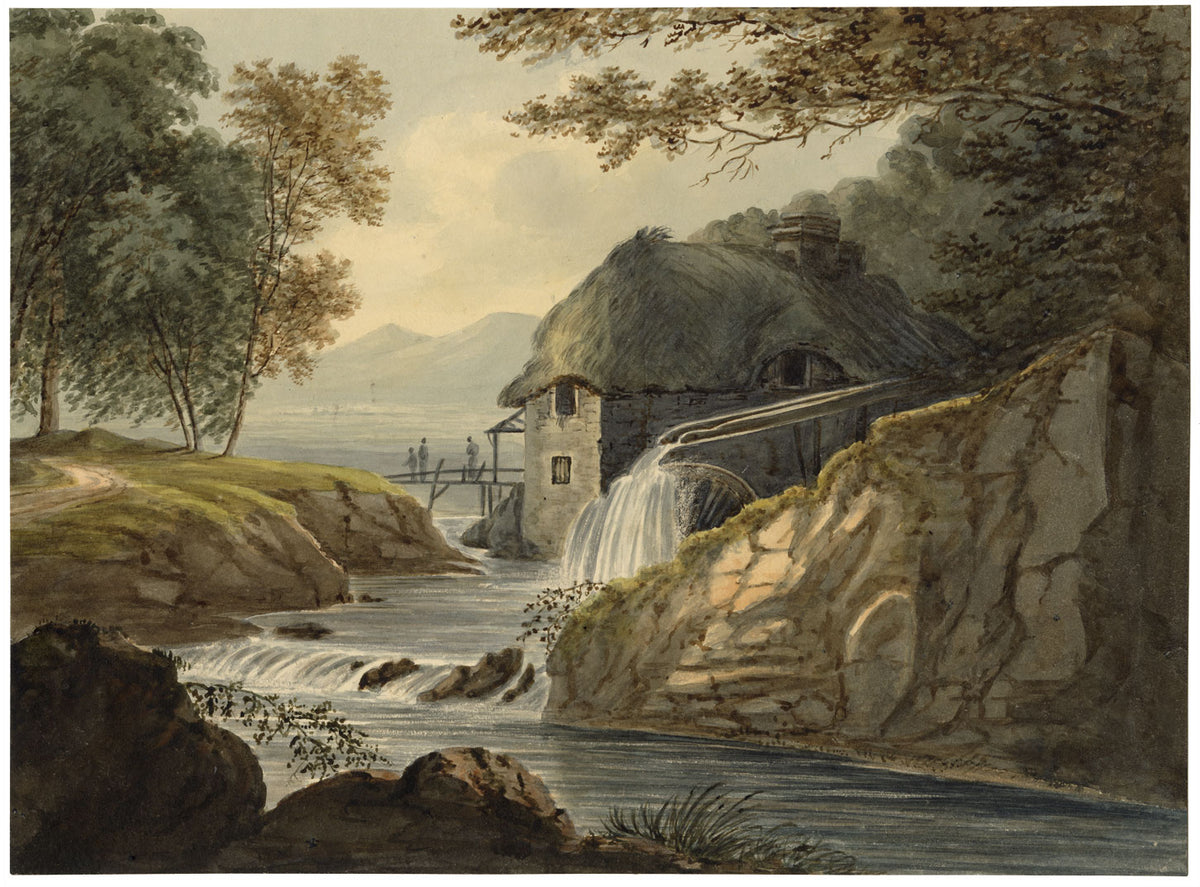 Pittoresco mulino ad acqua – Dipinto ad acquerello originale della metà del XIX secolo