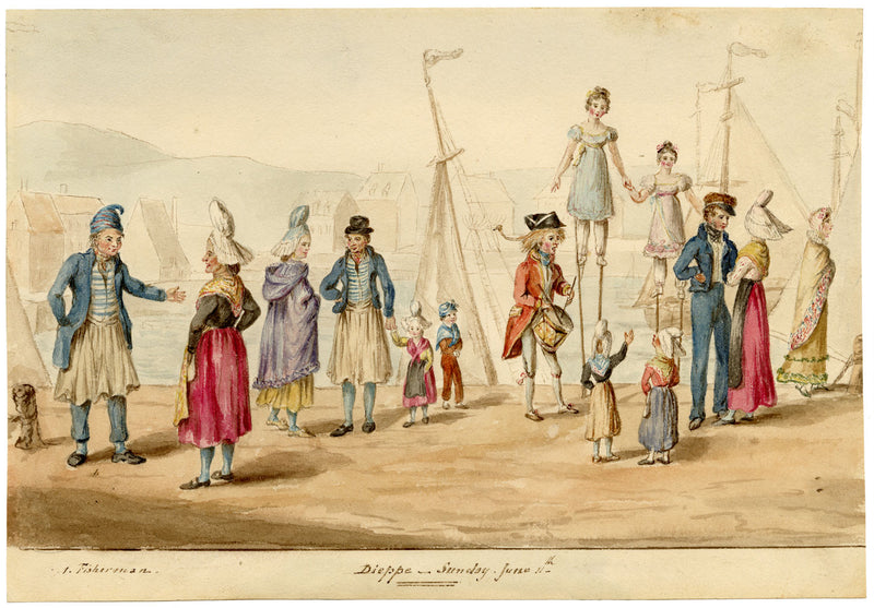 Figures on Dieppe Quayside, Sunday – Original 1820s watercolour painting