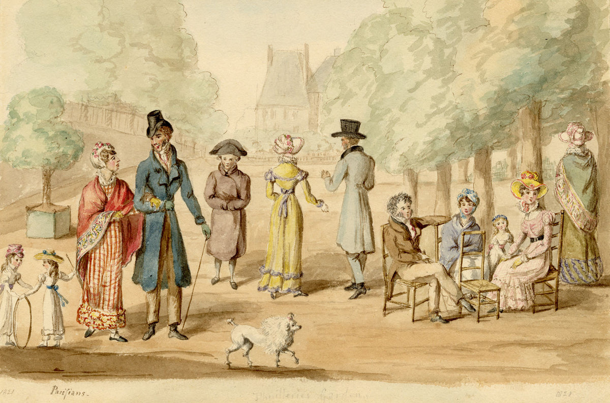 Parisians in the Tuileries Garden – Original 1821 watercolour painting