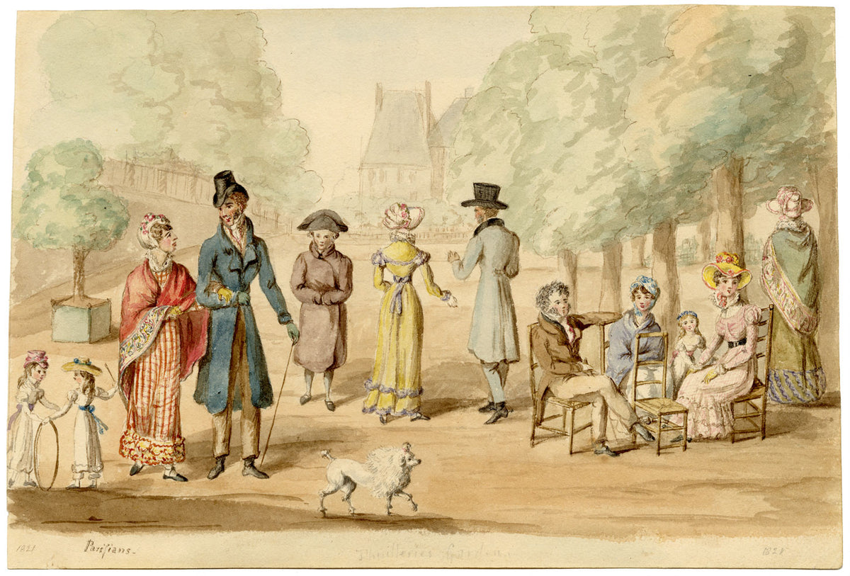 Parisians in the Tuileries Garden – Original 1821 watercolour painting