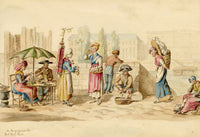 Figures on the Quay near the Pont Neuf, Paris – 1820s watercolour painting