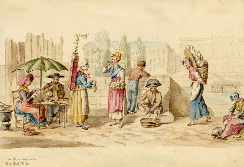 Figures on the Quay near the Pont Neuf, Paris – 1820s watercolour painting