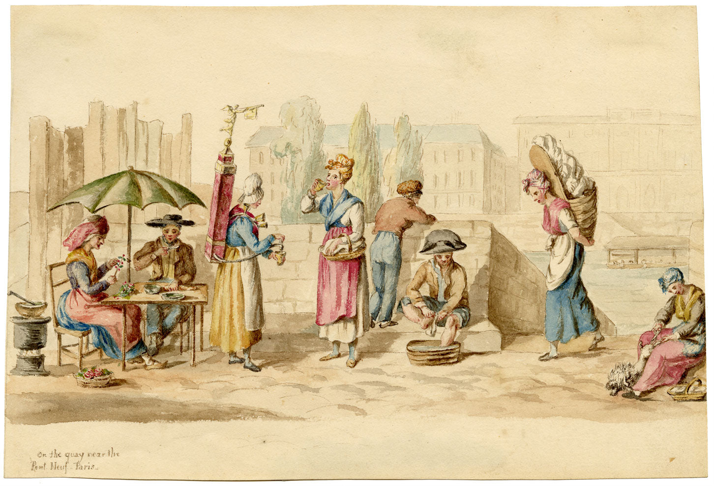 Figures on the Quay near the Pont Neuf, Paris – 1820s watercolour painting