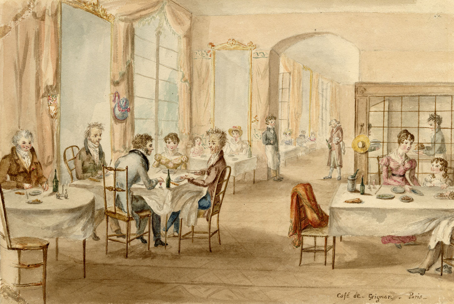 Diners at Cafe de Grignon, Paris – Original 1820s watercolour painting