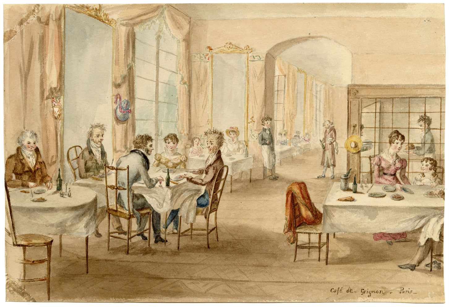 Diners at Cafe de Grignon, Paris – Original 1820s watercolour painting