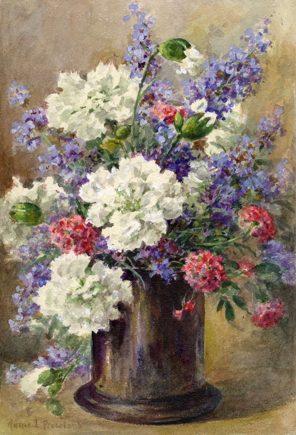 Annie L. Pressland, Catmint & Verbena Flowers – c.1920s watercolour painting