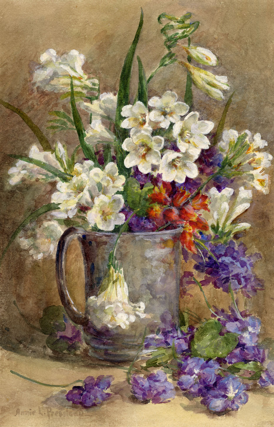 Annie L. Pressland, Freesia & Parma Violet Flowers –c.1920s watercolour painting