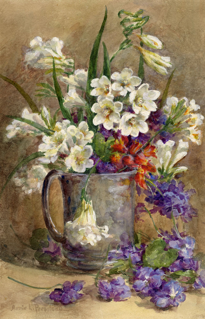 Annie L. Pressland, Freesia & Parma Violet Flowers –c.1920s watercolour painting