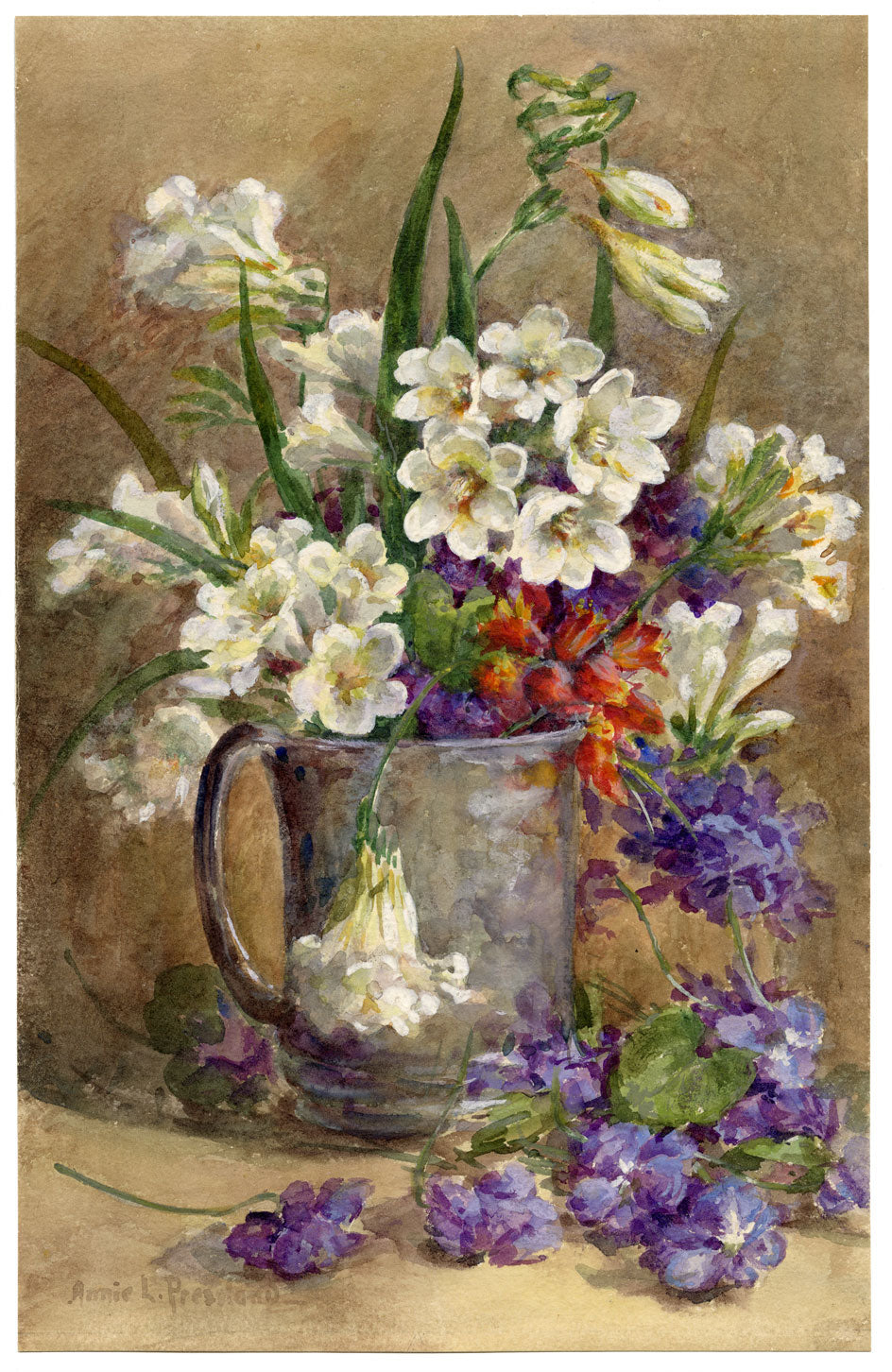 Annie L. Pressland, Freesia & Parma Violet Flowers –c.1920s watercolour painting