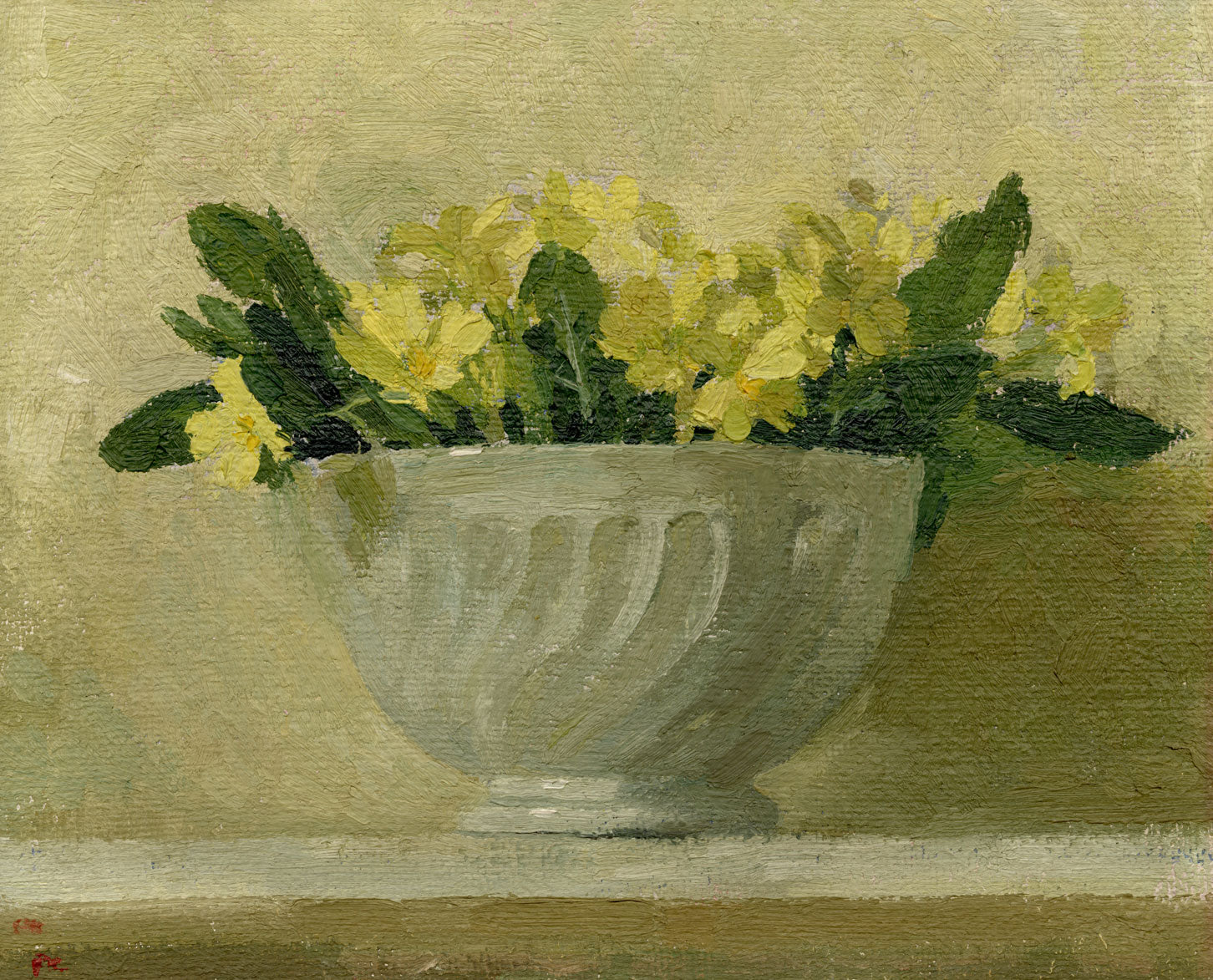 Pamela Kay RWS RBA NEAC, Primroses in a Vase – 20th-century oil painting