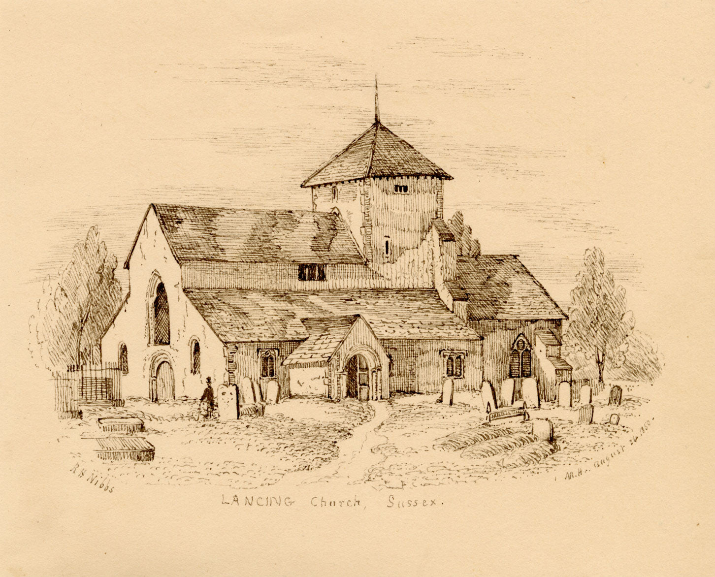 St James Church, Lancing, Sussex after R.H. Nibbs – 1850 pen & ink drawing