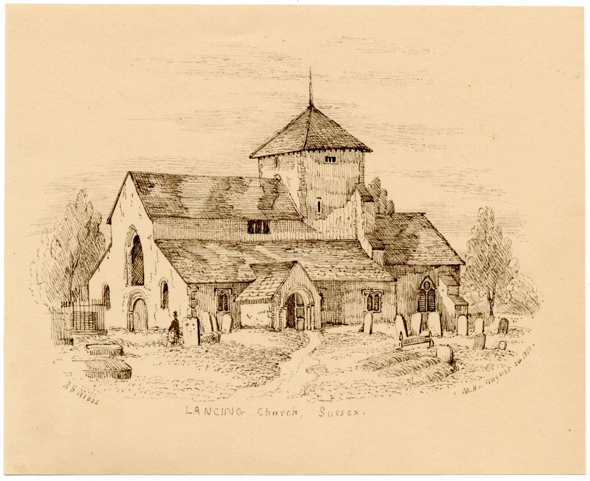 Chiesa di San Giacomo, Lancing, Sussex da RH Nibbs – disegno a penna e inchiostro del 1850