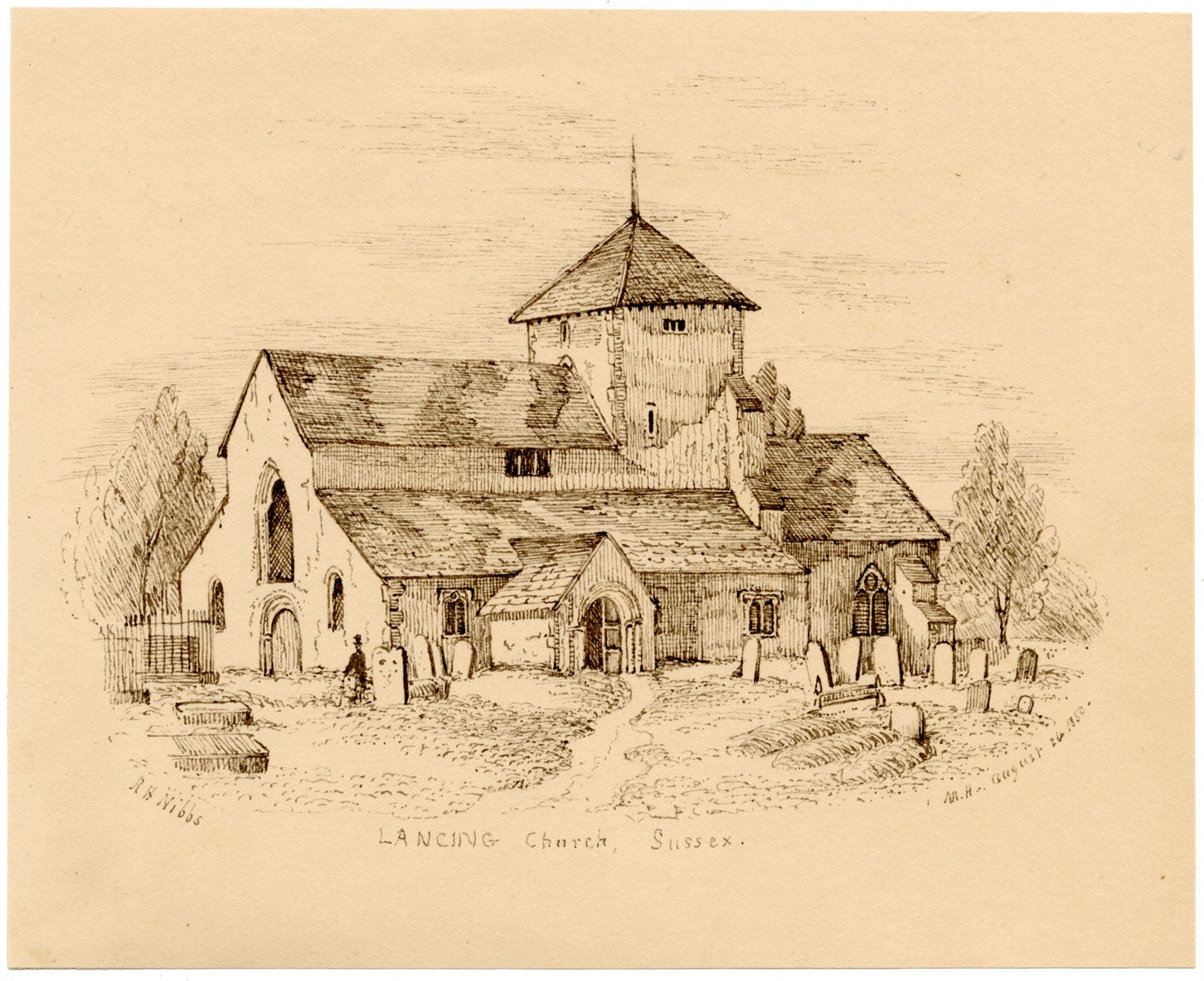 Chiesa di San Giacomo, Lancing, Sussex da RH Nibbs – disegno a penna e inchiostro del 1850