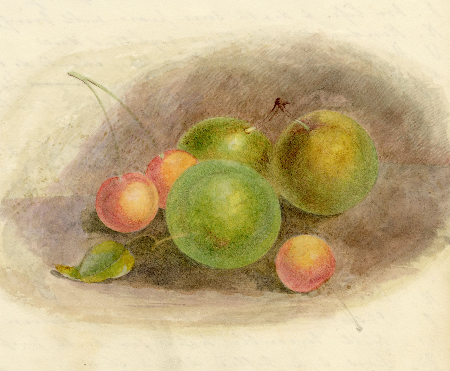 Still Life with Crab Apples & Cherries – mid-19th-century watercolour painting