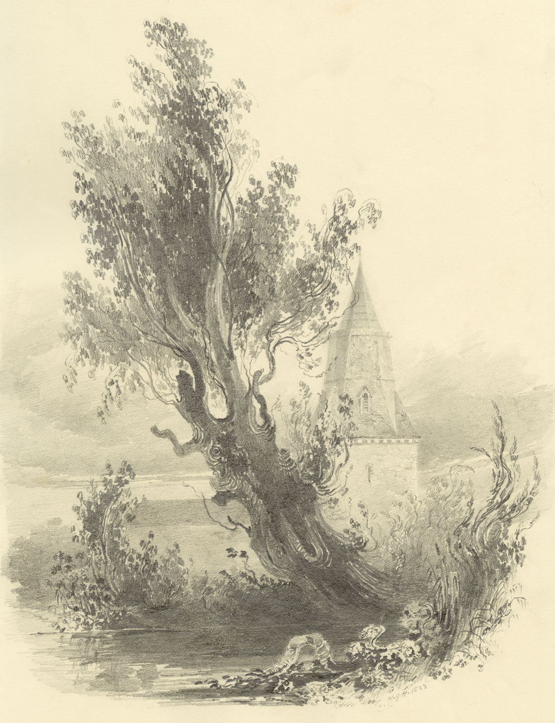 William G. Hare, Tree Study with Church – Original 1833 graphite drawing