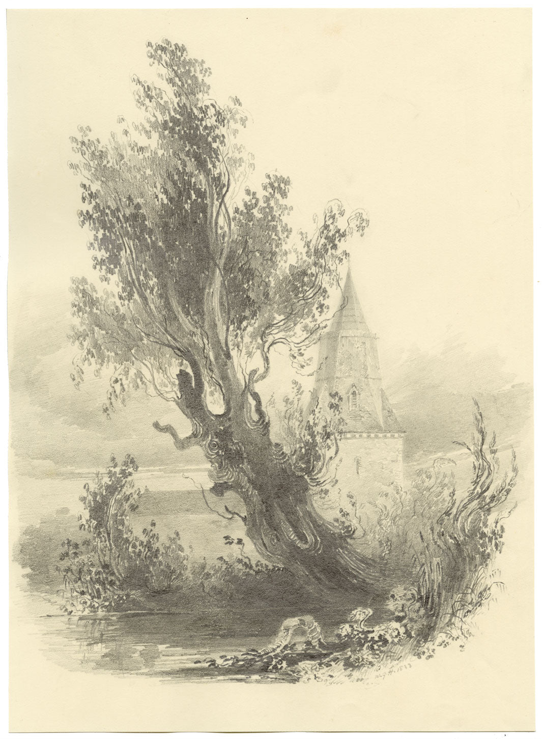 William G. Hare, Tree Study with Church – Original 1833 graphite drawing