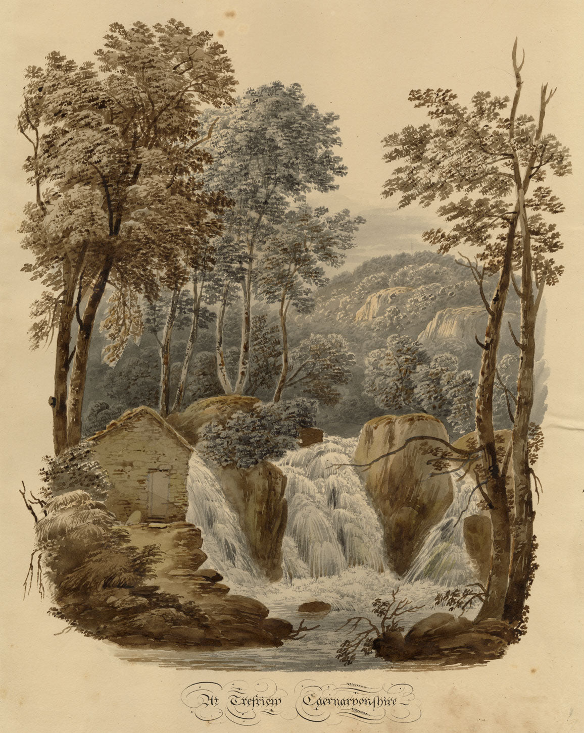 Waterfall at Trefriw, Caernarfonshire, Wales – c.1832 watercolour painting