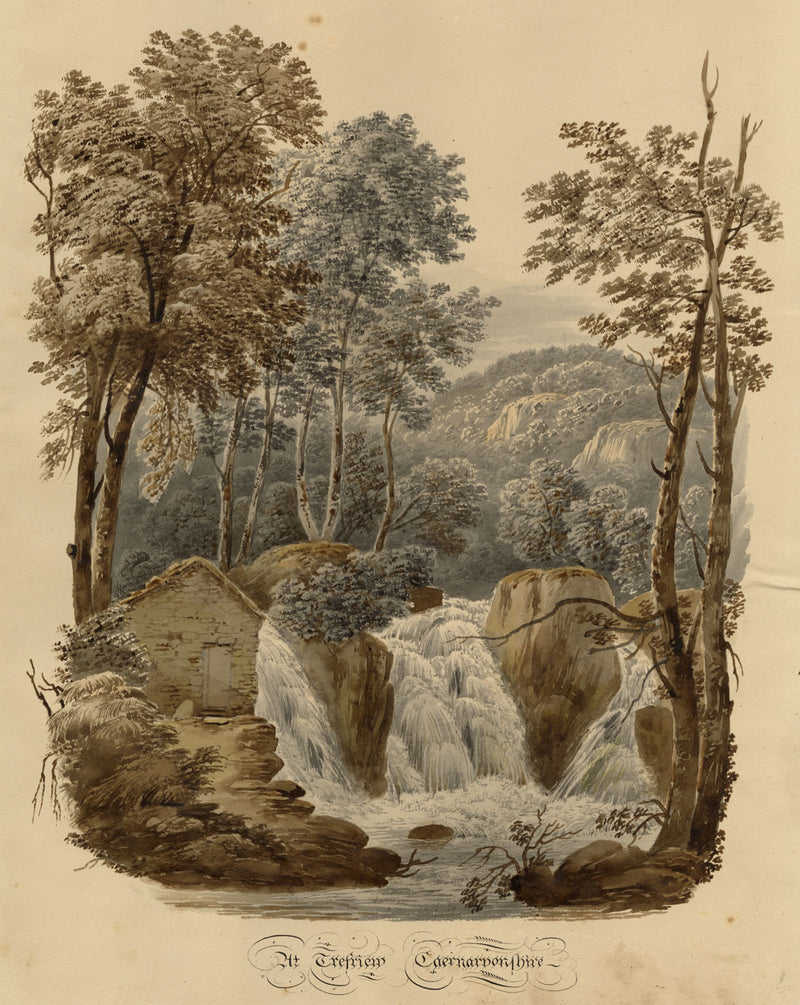 Waterfall at Trefriw, Caernarfonshire, Wales – c.1832 watercolour painting