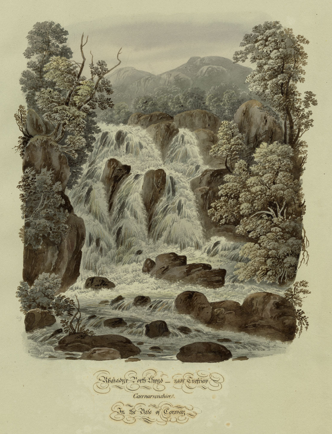 Waterfall Rhaeadr Porth-llwyd near Trefriw, Caernarfonshire – c.1832 watercolour