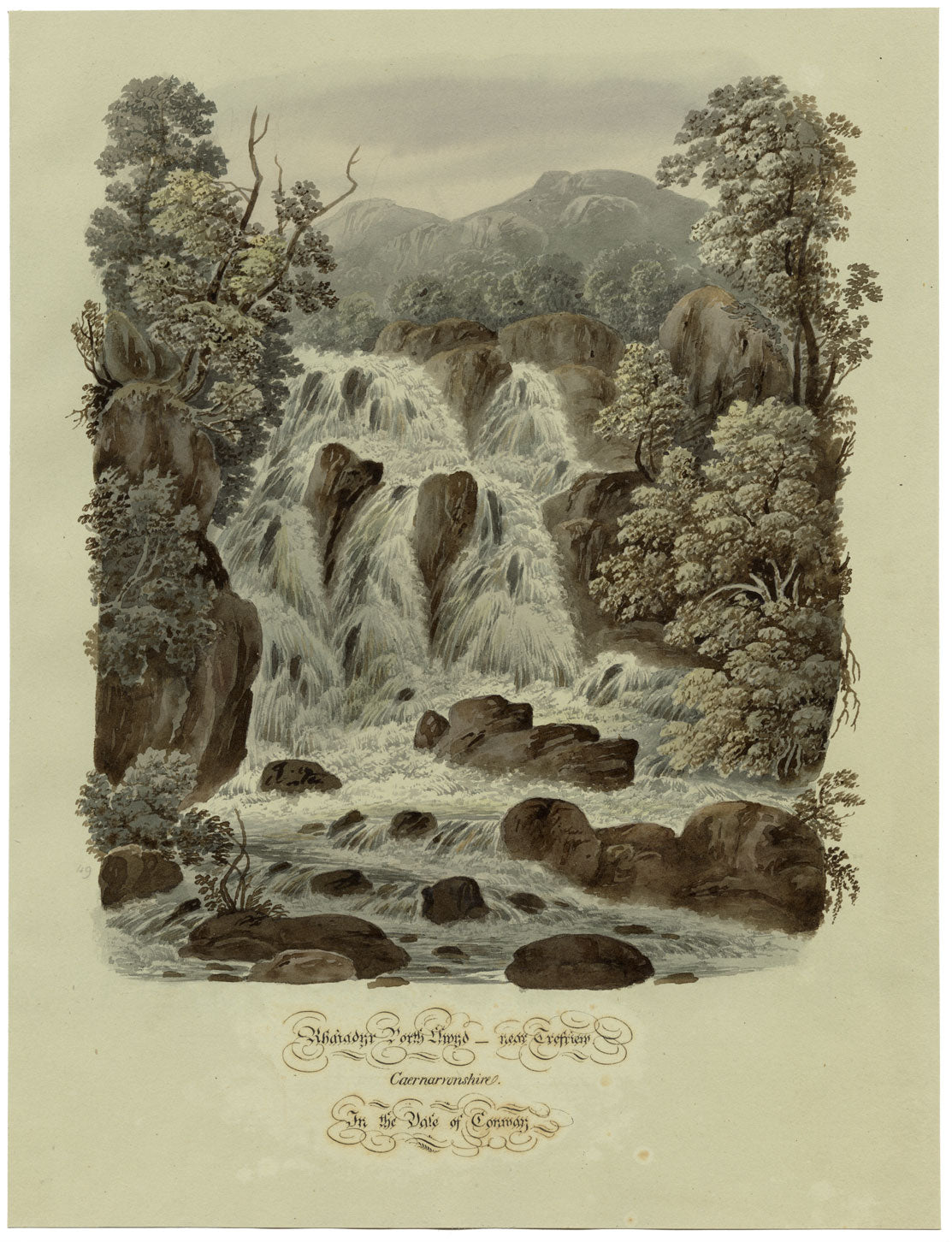 Waterfall Rhaeadr Porth-llwyd near Trefriw, Caernarfonshire – c.1832 watercolour