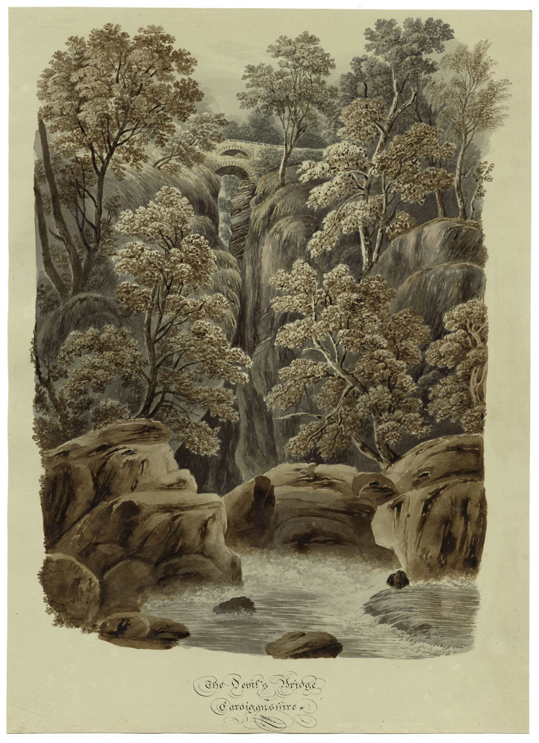 The Devil's Bridge, Cardiganshire, Wales – Original c.1832 watercolour painting