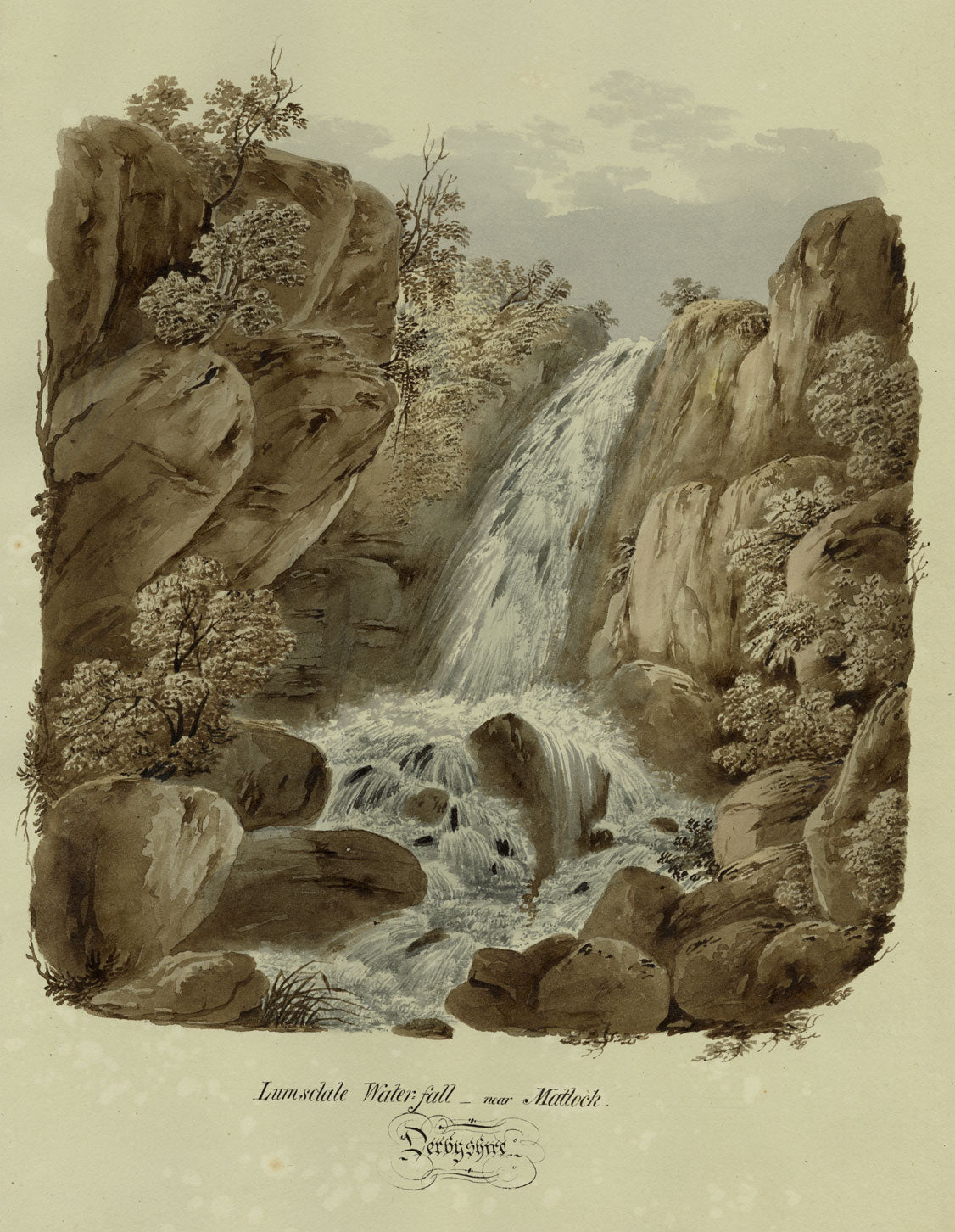 Lumsdale Waterfall near Matlock, Derbyshire – c.1832 watercolour painting