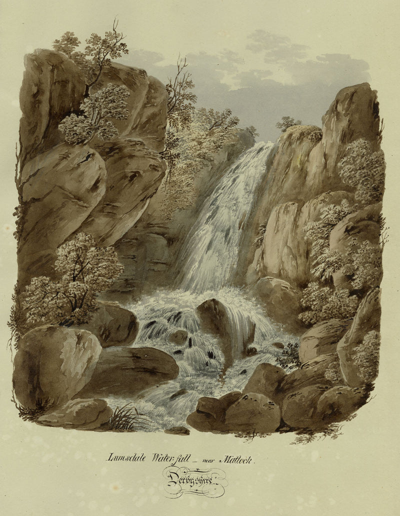 Lumsdale Waterfall near Matlock, Derbyshire – c.1832 watercolour painting