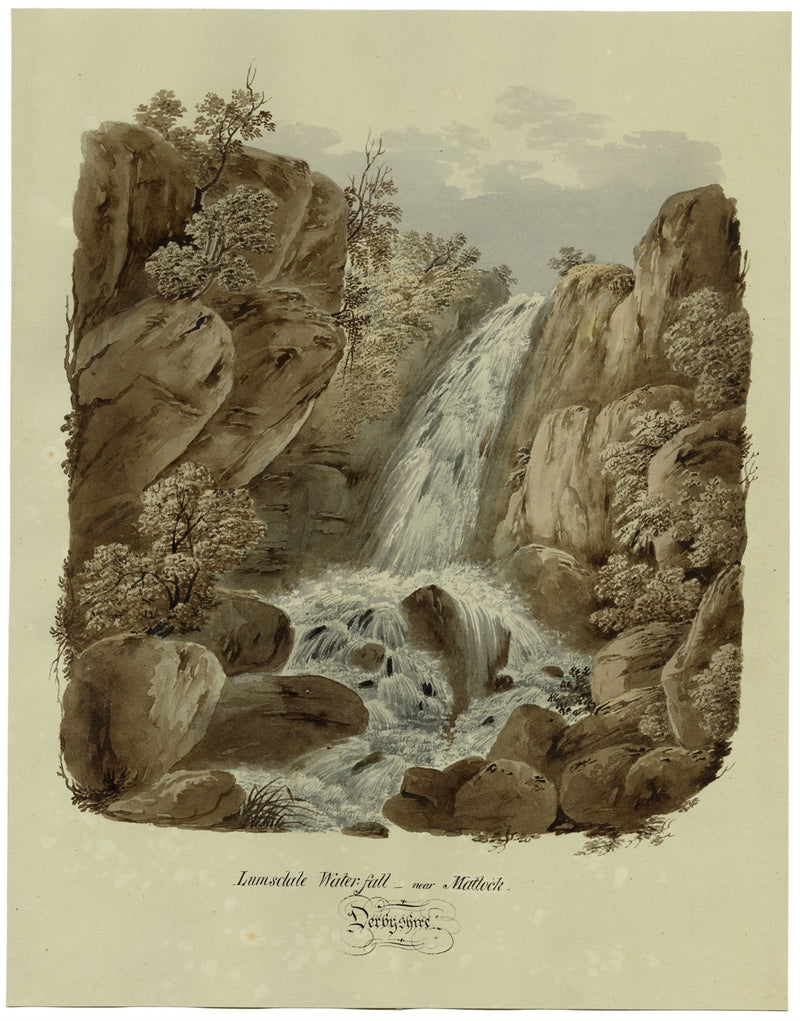 Cascata di Lumsdale vicino a Matlock, Derbyshire – acquerello del 1832 circa