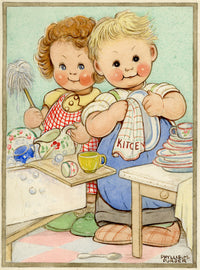 Phyllis M. Purser, Girl & Boy 'Perfect Husband' Washing Up – 1950 watercolour