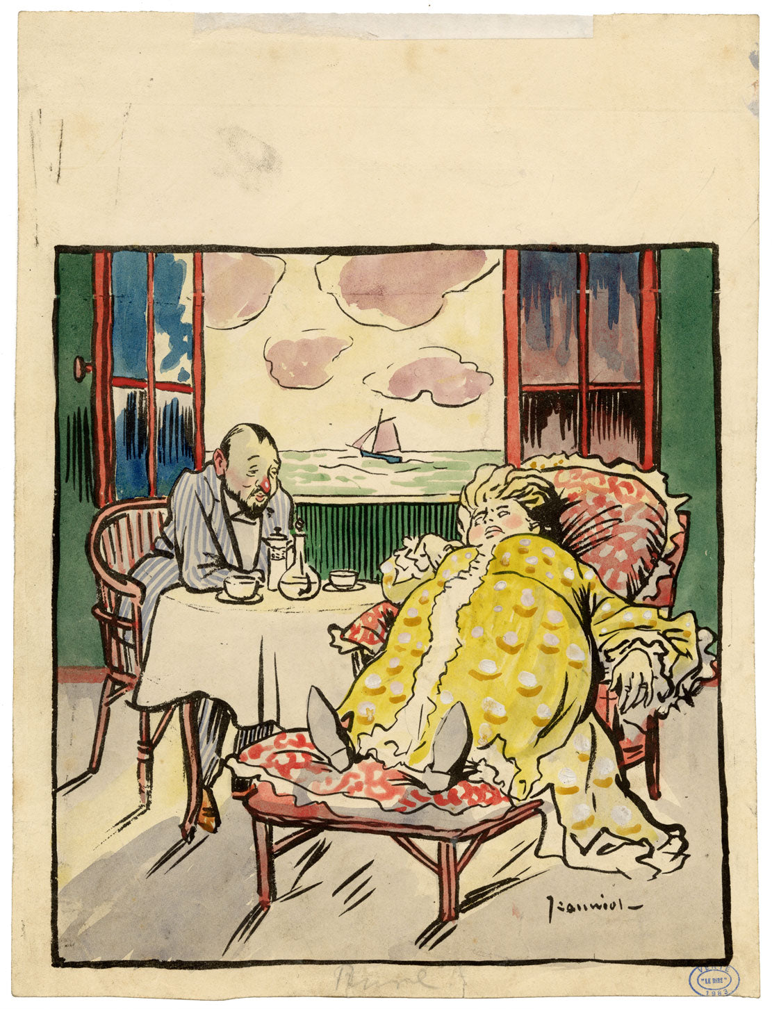 Pierre-Georges Jeanniot, Le Rire No.79 - 1904 Litografía de prueba y gouache