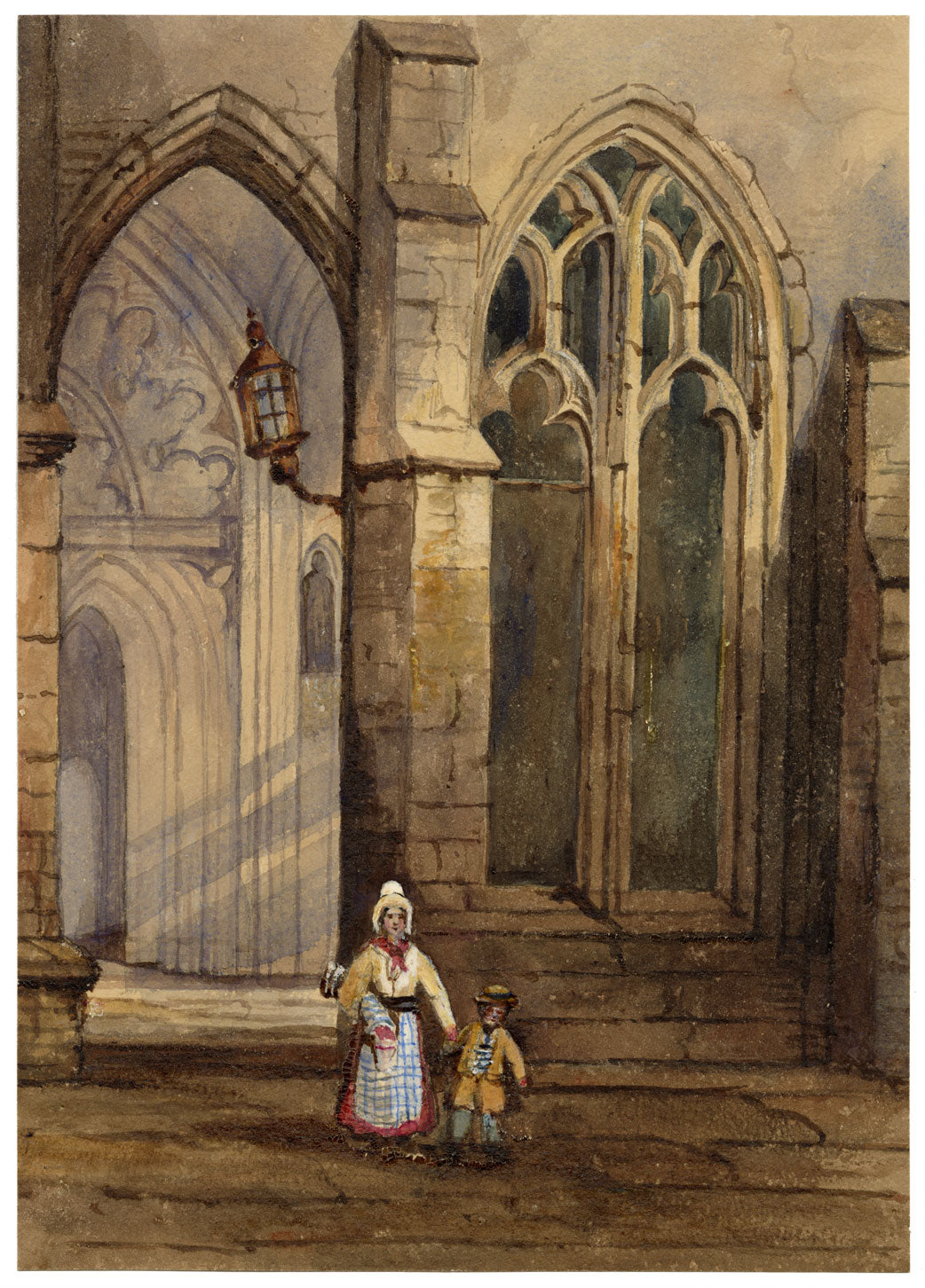 Chiesa in Bretagna secondo Samuel Prout – Dipinto originale ad acquerello del 1860 circa