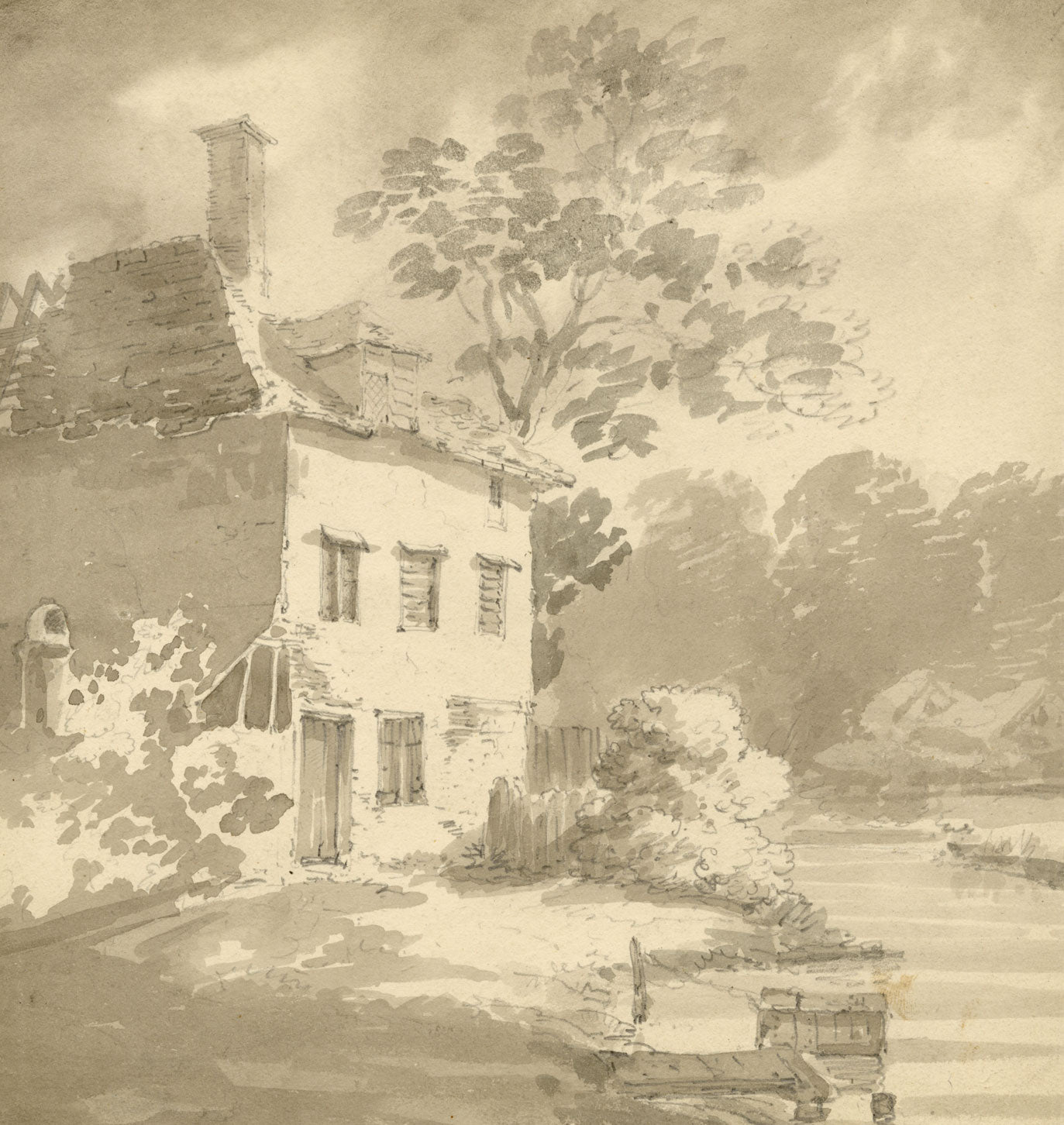 John Monro, Cottage on River Wandle, Merton, Surrey – early C19th watercolour