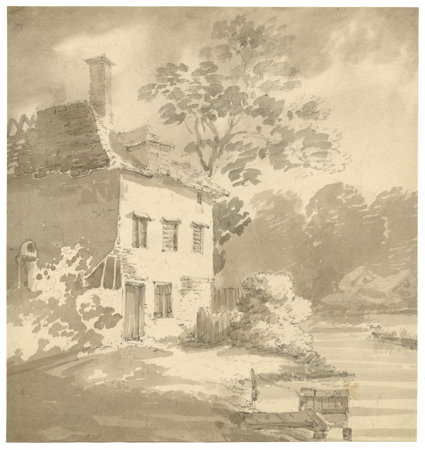 John Monro, Cabaña en el río Wandle, Merton, Surrey – acuarela de principios del siglo XIX