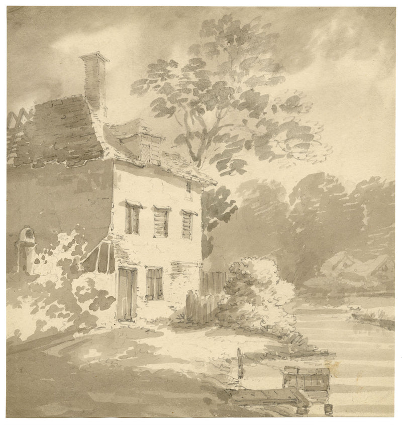 John Monro, Cabaña en el río Wandle, Merton, Surrey – acuarela de principios del siglo XIX