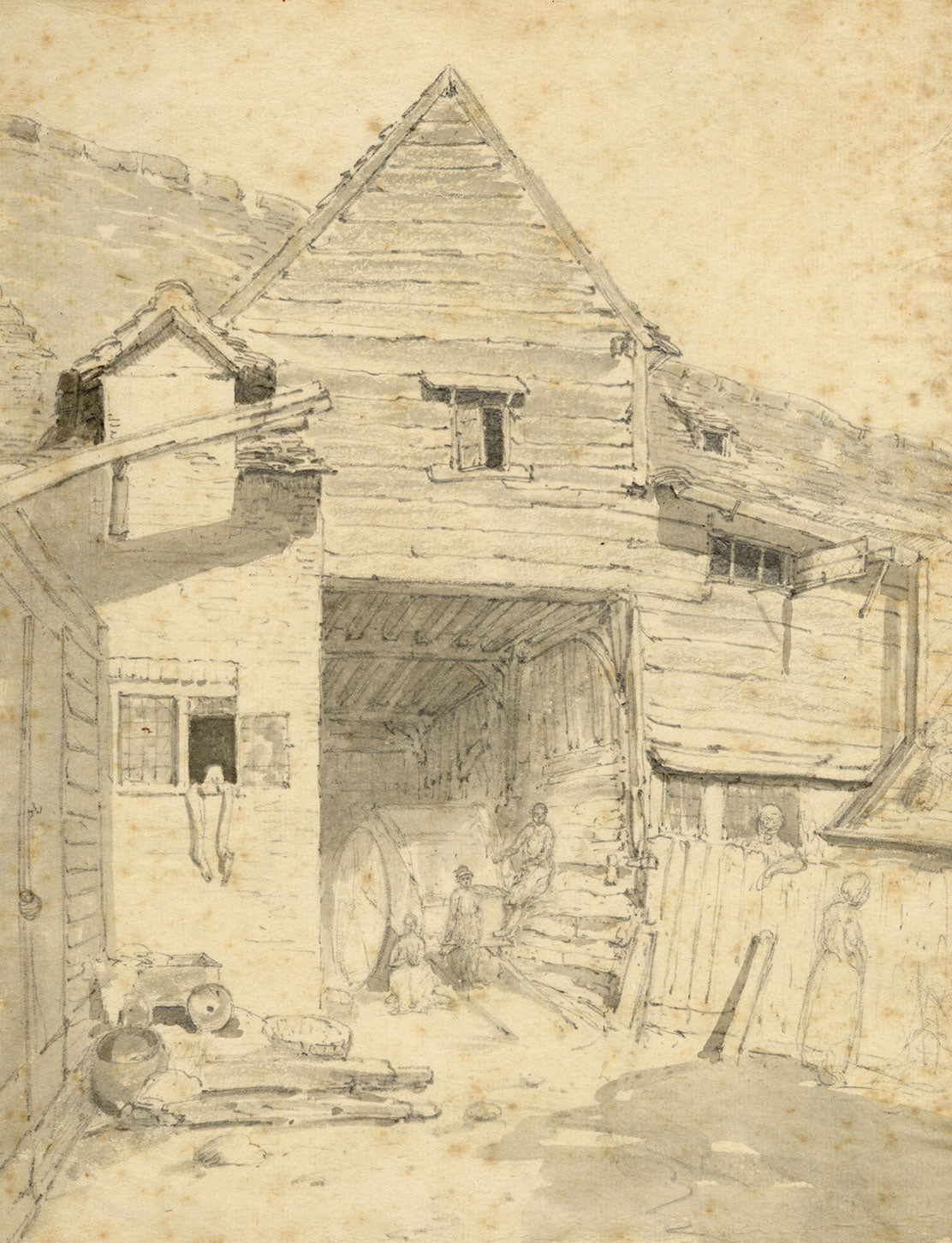 Alexander Monro, Rustic Barn with Figures – early C19th watercolour painting