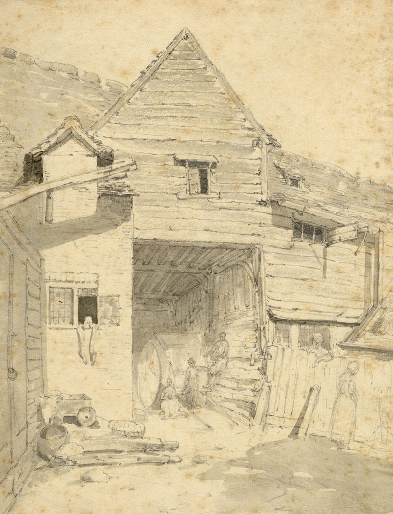 Alexander Monro, Rustic Barn with Figures – early C19th watercolour painting