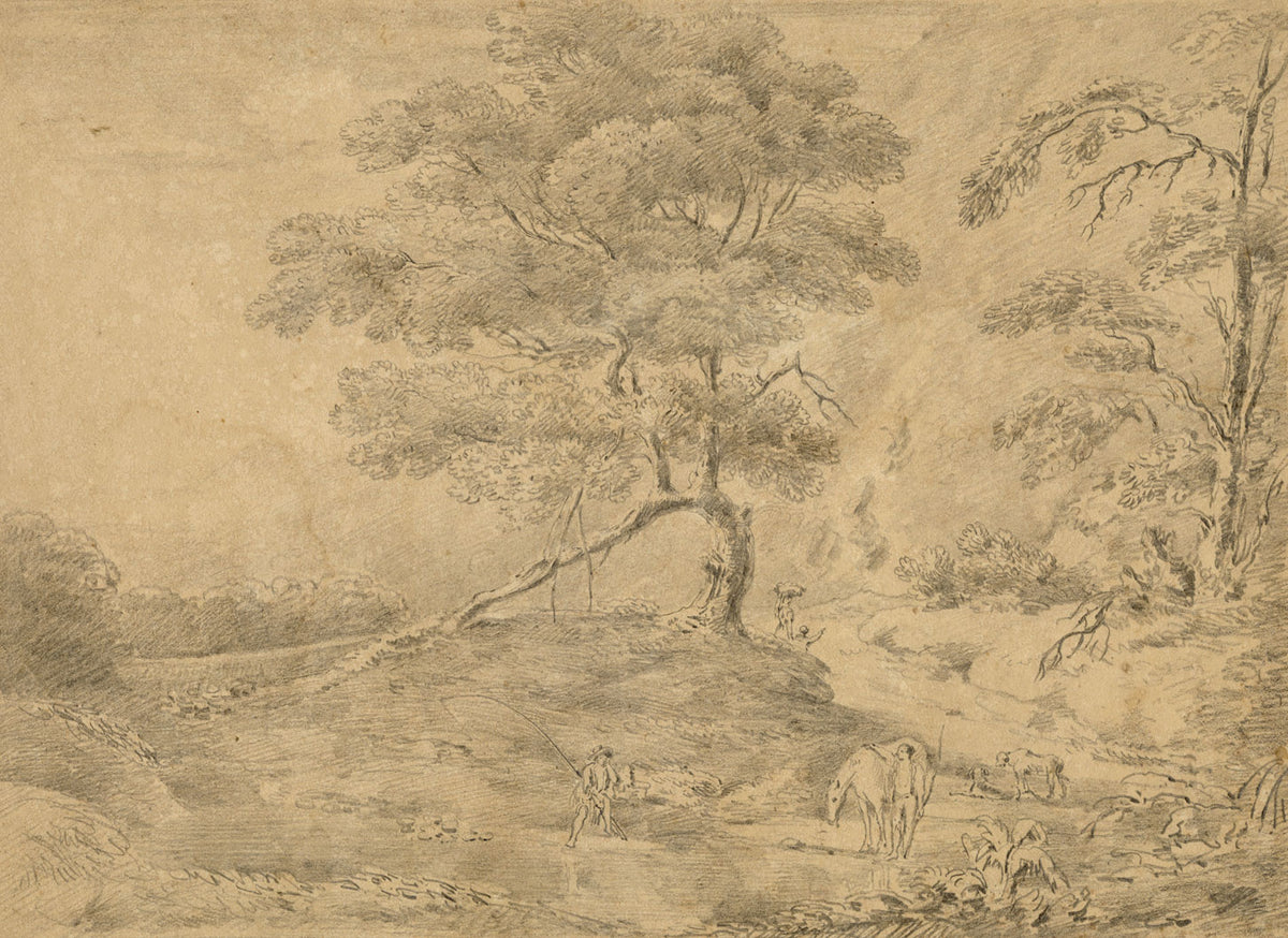 Alexander Monro, Wooded River with Angler after Gainsborough – 1832 drawing