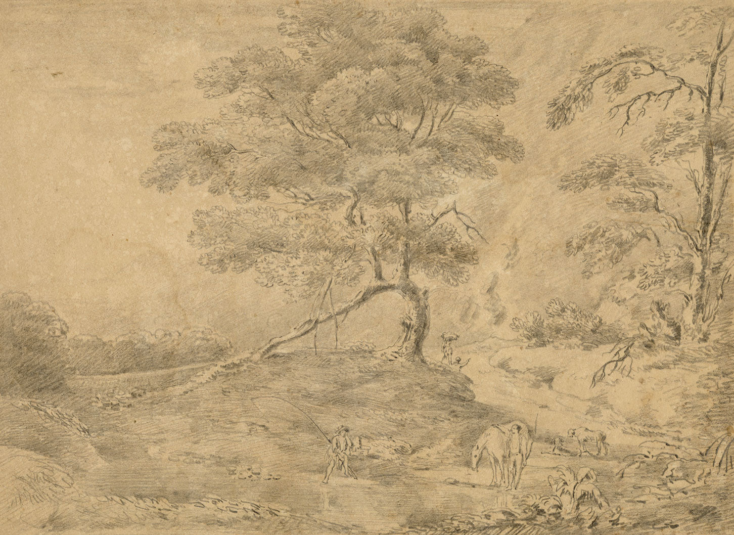 Alexander Monro, Wooded River with Angler after Gainsborough – 1832 drawing