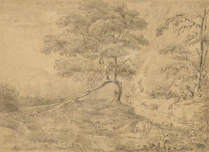 Alexander Monro, Wooded River with Angler after Gainsborough – 1832 drawing
