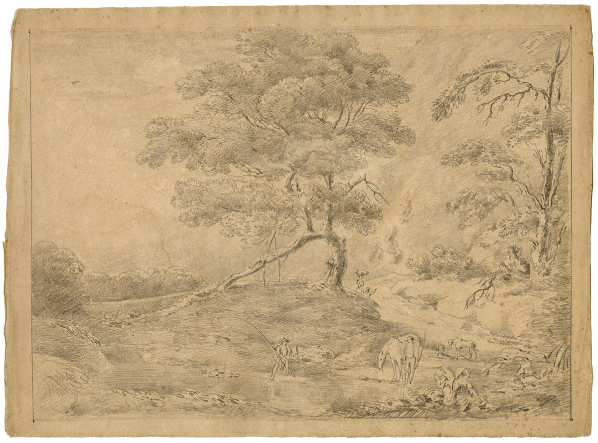 Alexander Monro, Wooded River with Angler after Gainsborough – 1832 drawing