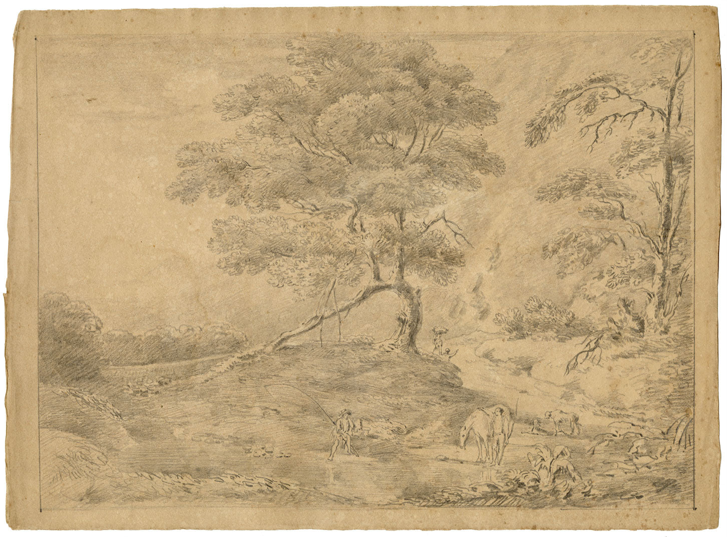 Alexander Monro, Wooded River with Angler after Gainsborough – 1832 drawing