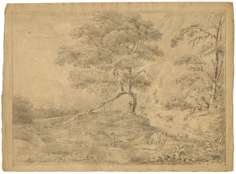 Alexander Monro, Wooded River with Angler after Gainsborough – 1832 drawing